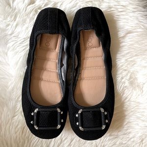 ME Too Flats. Never Been Worn. Material: Black Suede with Silver Buckle. Size 7